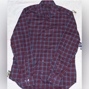 Saks Fifth Avenue Size M Plaid Button Up Long Sleeve Red/Blue Mens Shirt Medium